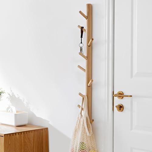 TRWISWDC Vertical Coat Rack Wall Mounted - Height 36 Inches Oak Wood Vertical Hat Rack for Wall with 9 Hooks Modern Coat Rack Tree for Hanging Hats Jackets Bags in Entryway Bedroom Office