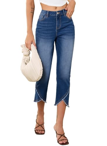 Sidefeel Capri Pants for Women High Waisted Stretchy Cropped Skinny Jeans Trendy Cross Raw Hem Summer Denim Pants Blue Size 4