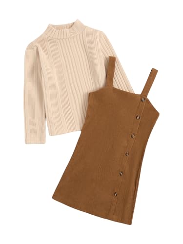 MakeMeChic Toddler Baby Girl Fall Outfits Mock Neck Long Sleeve Top and Corduroy Button Overall Dress Sets