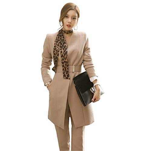 Women's 2 Piece Business Mid Long Blazer and Pants Suit Set with Belt Single Button Work Office Blazer Jacket Khaki