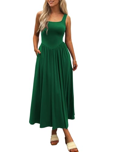 Women's Summer Maxi Dress 2025 - Sleeveless Square Neck Casual Beach Sundress with Pockets, Flowy Patchwork Knit