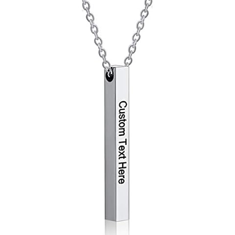 POSHFEEL Personalized 3D Bar Necklace Stainless Steel Pendant Birthday Gift Engrave Four Sides Square Bar Customized Name, Silver Cover