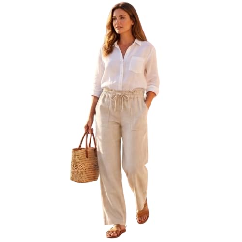 Image of Ladies Linen Trousers Womens Summer Elasticated Waist Wide Leg Trousers Linen Blend Drawstring Lightweight Casual Holiday Beach Travel Loose Fit Pants with Pockets UK Beige 14
