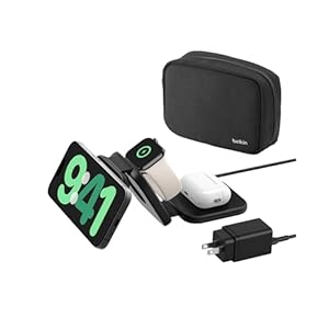 Belkin MagSafe Charger Compatible 3-in-1 Magnetic Charging Travel Pad 15W-BoostCharge Pro Foldable Qi2-Certified Wireless Charger, MagSafe-Compatible Charger for iPhone 16 Series, Apple Watch, AirPods