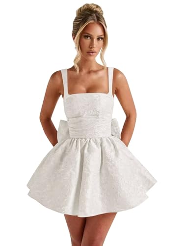 Eightale Short Satin Homecoming Dresses for Teens Jacquard Bow White Applique Sleeveless Mini Puffy Birthday Prom Cocktail Party Gowns Size 2