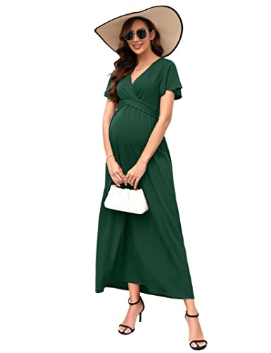 KOJOOIN Damen Umstandskleid V-Ausschnitt Langes Stillkleid Kurzarm Elegant Falten Schwangerschaftskleid Dunkelgrün(Kurzarm) M