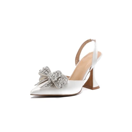 ZGHNP Women's Bow Pointed Toe High Heels Rhinestone Elastic Strap Slip On Slingback Shoes for Wedding Party Prom Bridesmaid Work