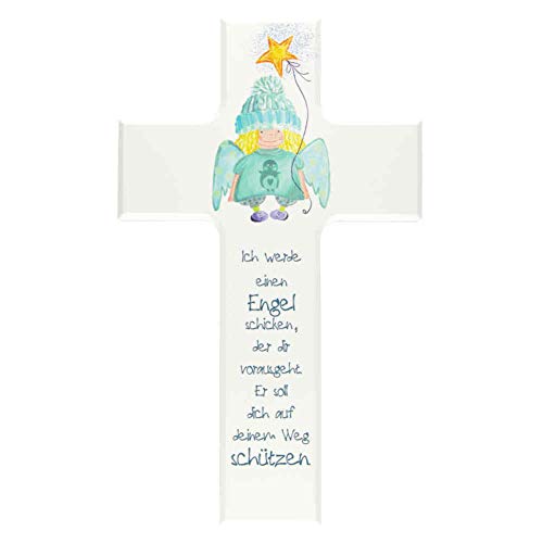 kruzifix24 Cruz infantil con diseño de ángel de la guarda en color azul y verde con estrella dorada, cruz de madera blanca, 15 x 9 cm, para niña/niño, bautizo, regalo para nacimiento, comunión