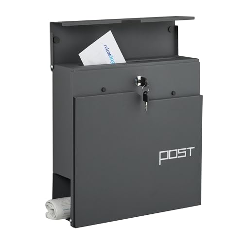 Relaxdays Briefkasten mit modernem Design, Metall, 4 Schlüssel, Mit Zeitungsfach, HxBxT: ca. 38 x 37 x 12 cm, anthrazit