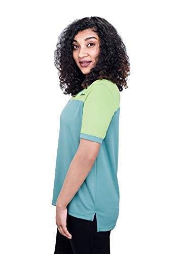 Image of Uhane Women's Gym Dri-Fit Work-Out Round Neck Loose Fit Straight-Cut Long Back T-Shirt (Ocean Blue /Lime Green) Short Sleeves Multi-Coloured Top for Sports and Fitness