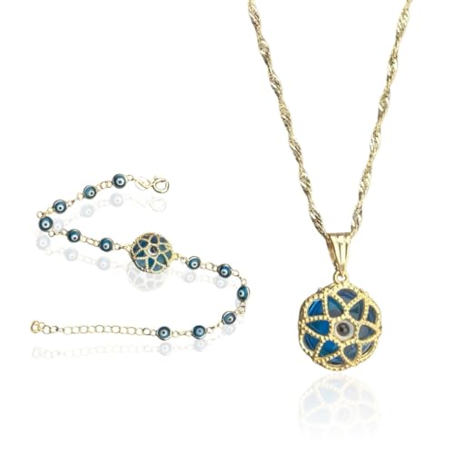 Madam Matmazel Mavi Göz Boncuklu Nazar Takı Set, Tamamı 925 Ayar Gerçek Gümüş, Kolye, Bileklik, Singapur Zincir