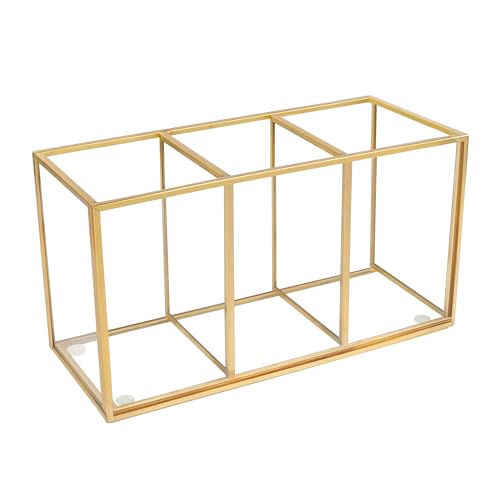 Pencil Holder for Desk,Tempered Glass Pen Holder,3&4 Compartments,Desktop Storage Organizer for Office Supplies,School Supplies,Pens,Markers,Pencils,Scissors,Paperclips (Gold, 3 compartments)