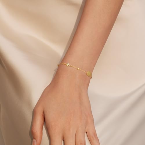 Gold Bracelets for Women 14K Gold Bracelets for Women Beaded Bracelet for Womens Combination of Beads Cross and Tiny Virgin Mary Badge Cross Bracelet for Womens4