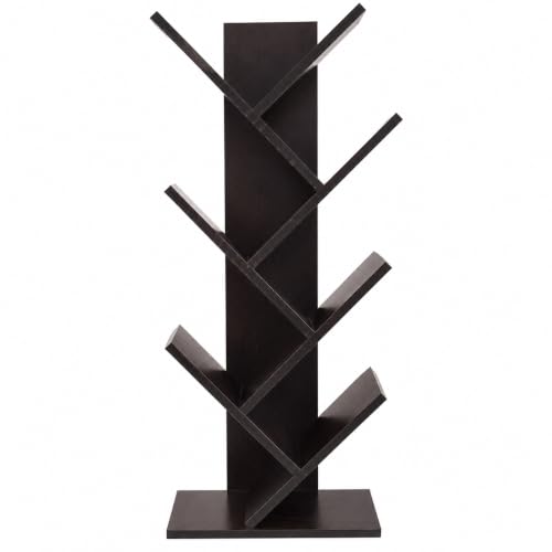 Image of Decazone Tree Bookshelf | Modern Floor Standing Wooden Book Shelf for Living Room | Engineered Wood Bookcase & Display Rack | Space Saving Corner Storage Shelf | Dark Wenge Finish
