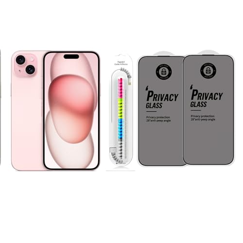 Image of Edge To Edge Privacy Tempered Glass Screen Protector Compatible With iPhone 15 Plus, 9H Hardness, Anti-Fingerprint, FHD Clear With Cable Protector Pack 2