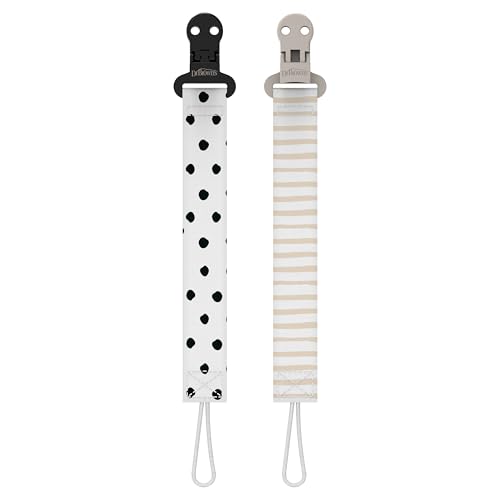 Dr. Browns Pacifier Clips Universal Fit Fabric Strap for Pacifiers Dots and Stripes BPA-Free 0-18 Months 2-Pack