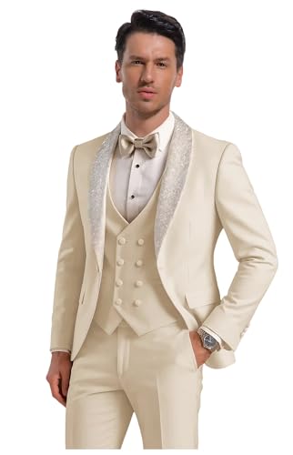 Classic Mens Suit 3 Piece Regular Fit Suits for Men Sequin Shawl Lapel Double Breasted Mens Suits for Wedding Grooms