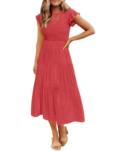 ZESICA Women's 2025 Summer Casual Flutter Short Sleeve Crew Neck Smocked Elastic Waist Tiered Midi Dress,Watermelonred,Medium