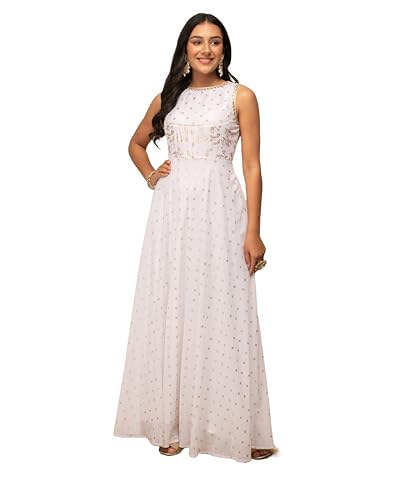 Image of FIORRA Women's Fit and Flare Floor Length Georgette Printed Gown with Dupatta