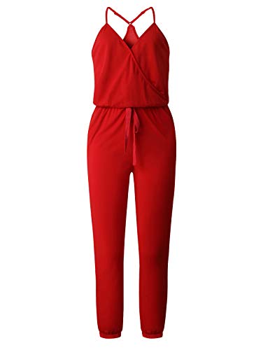 Adibosy Women V Neck Jumpsuits Overalls Strap Sleeveless Summer Casual Playsuit Rompers With Pockets Red M #TOP1