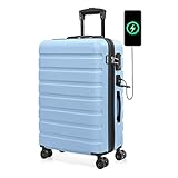 AnyZip Suitcase Hardside PC ABS Lightweight USB Luggage with Wheels TSA Lock Checked-Medium 24 Inch Light Blue