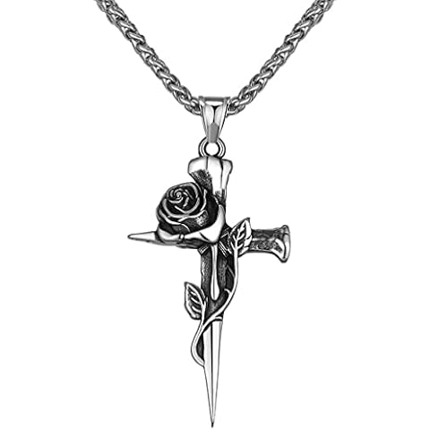 Cross Necklace Stainless Steel Punk Rose Cross Necklace Pendant Necklace Stainless Steel Necklace for Men Silver Cover