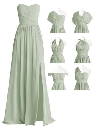 MYDRESS Chiffon, umwandelbares Brautjungfernkleid, lang, mehrere Wege, A-Linie, Wickelkleid, formelles Kleid, Salbeigrün, 36