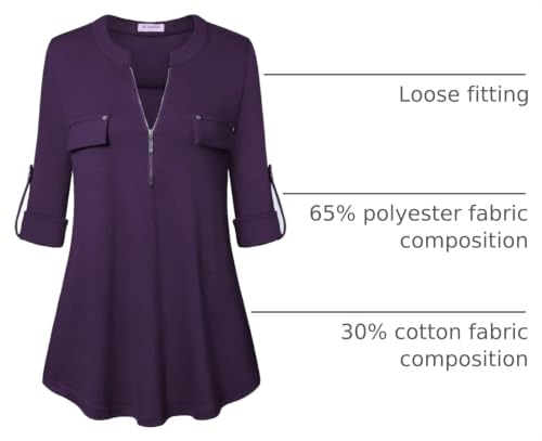 Image of Bulotus 3 /4 Length Sleeve Womens Striped Tops Zipper V Neck Collared Blouses Business Casual Tunics 2026 Spring Trendy