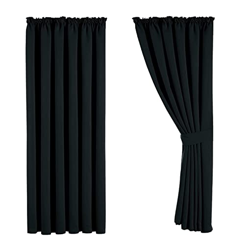 Aspire Homeware Pencil Pleat Blackout Curtains for Bedroom - Black Living Room Curtains 90x72 inch Drop Super Soft Thermal Insulated Black Out Kitchen Curtain Pair Panel + Tie Backs