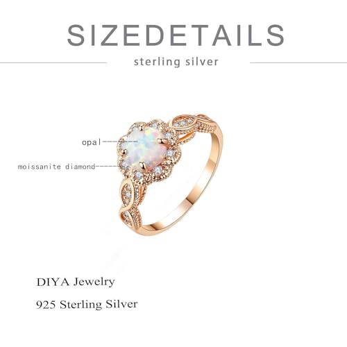 DIYA Opal Engagement Ring 925 Sterling Silver Rose/White/Yellow Gold Plated Opal Rings for Women Moissanite Wedding Ring for Women Anniversary Birthday Valentine's Day Christmas Gift for Wife Size 6-94