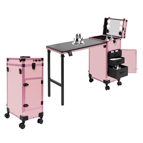 sjcdicnj Portable Rolling Manicure Table for Nail Teach Foldable Traveling Nail Desk w/Storage Mobile Nail Table w Adjust Light 3 Drawers Storage Makeup Train Case Cosmetic Trolley (Pink)