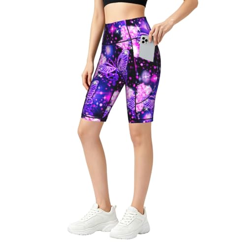 Short de sport violet à poches pour femme imprimé papillon mignon