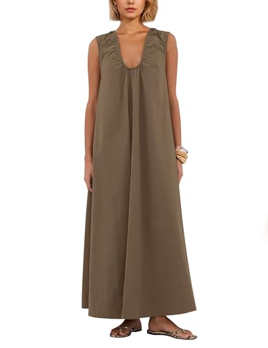 Image of Women Flowy Maxi Dress Ruched Sleeveless Long Dress Vacation Fashion Summer Casual Loose Fit Sundress with Pockets