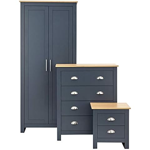 GFW Lancaster 3 Piece Bedroom Furniture Wardrobe Chest Bedside Set Blue Grey Cover