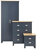 GFW Lancaster 3 Piece Bedroom Set Slate Blue Bedside Cabinet Chest Of Drawers Wardrobe