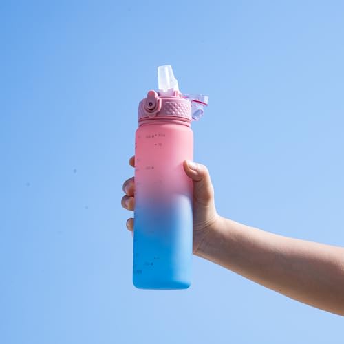 OLDLEY Kids Water Bottle for School, 17 oz (2 lids) BPA-Free Reusable Leak-proof Durable Tritan Plastic Water Bottles with Straw & Chug Lids, Anti-dust Spout Cover (Pink Blue)
