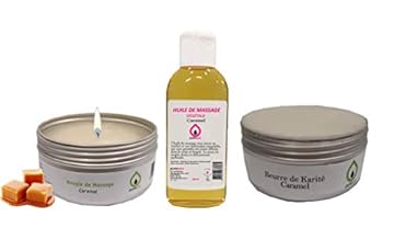 Set regalo di caramello con massaggio sensuale al caramello, con 1 candela da massaggio vegetale, 1 olio da massaggio, 1 burro di karitè