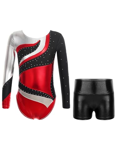 Oyolan Maillot De Gimnasia Clásica para Niña Leotardo Mangas Larga + Pantlones con Cintura Elastico Mono De Patinaje Artístico Rojo 13-14 años