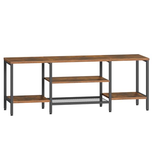 HOOBRO Mueble de TV de Estilo Industrial, Consola Multimedia de 3 Niveles, Estantes de Rejilla, para Televisor de 65 Pulgadas, Almacenamiento Abierto, para Salón, Marrón Rústico y Negro EBF58DS01
