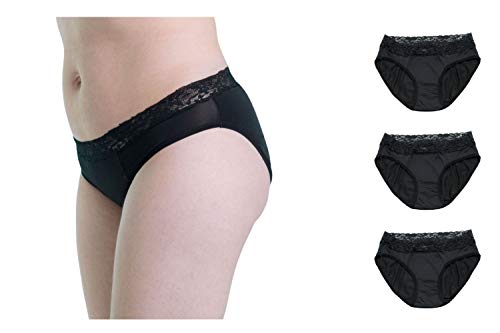 Cheeky Wipes - 3 pares de pantalones para mujer de talle medio u0096 A prueba de fugas con encaje topped ropa interior para mujer con 4 capas de acolchado protector absorbente, color negro, talla 8 u0096 10