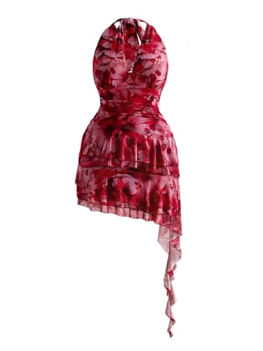 Verdusa Women's Plus Size Y2K Floral Mesh Backless Halter Dress Layered Ruffle Asymmetrical Dresses