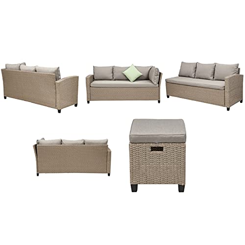 Moolo Patio Furniture Set, 5 Piece Outdoor Conversation Set All Weather Wicker Sectional Sofa Couch Dining Table Chair With Ottoman And Throw Pillows(Color:beige) #TOP5