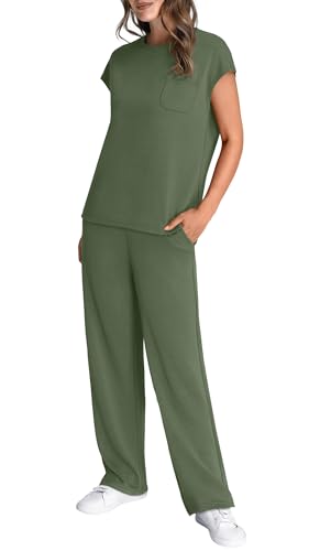 Image of WIHOLL 2 Piece Sets for Women Casual Summer Travel Vacation Outfits Cap Sleeve Lounge Set