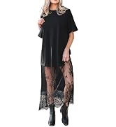 MARZXIN Womens Short Sleeve Lace Patchwork Maxi Dress Sexy Crewneck Loose Sundress Summer Casual ...