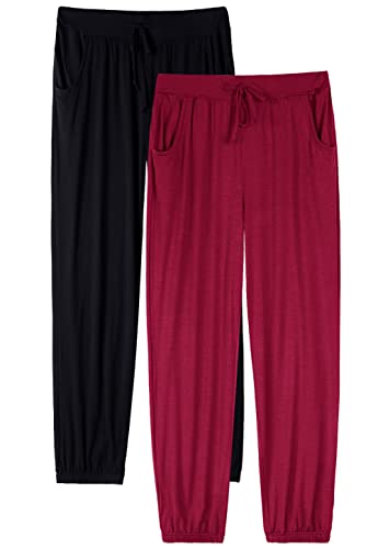 vislivin Schlafanzughose Damen Pyjamahosen Lang Freizeithose Stretch Yogahose Weiche Frauen Nachtwäsche Hosen Schwarz/Weinrot M Cover