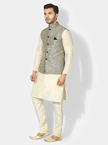 Image of Uri and MacKenzie Men's Silk Blend Regular Kurta Churidar Pyjama with Bundi Nehru Jacket /Waistcoat