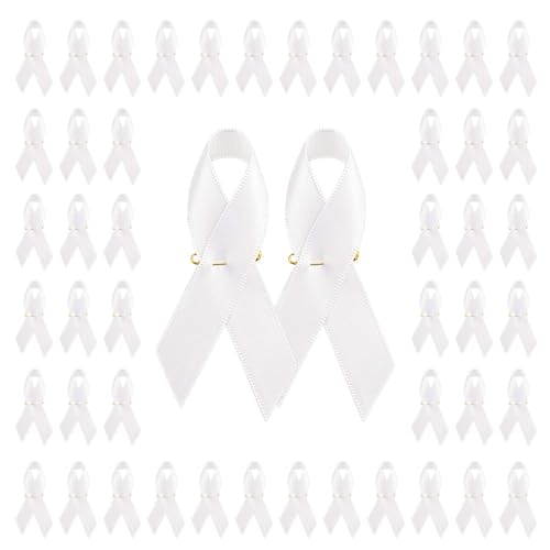 Image of 100pcs White Ribbon Satin Pins Awareness Pins Lung Cancer Awareness for Party Event Supplies Clothing Decoration, 7.5cm