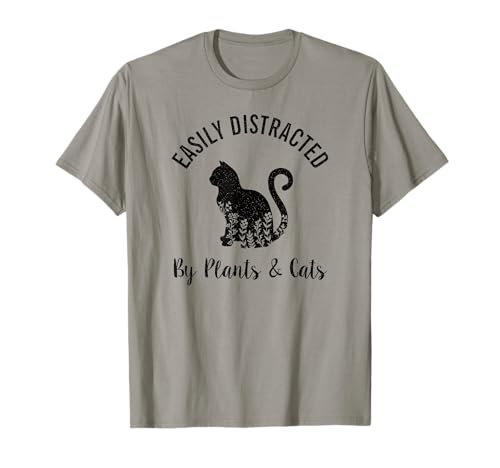 Easily Distracted By Plants & Cats Botanical Floral Cute Cat T-Shirt cover