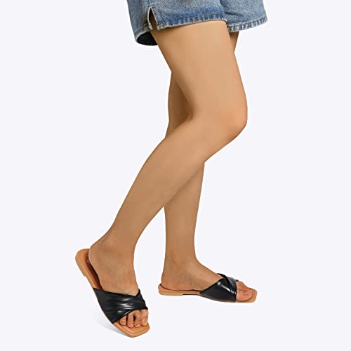 Stunahome Women's Flat Sandals Fashion Soft Leather Crossover Square Open Toe Slip On Slides Casual Beach Sandals Slippers For Summer,Black #TOP5