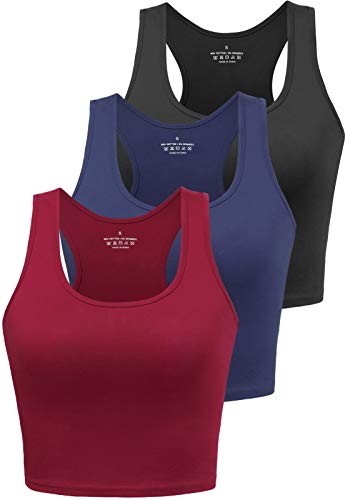 Porvike Sports Women's Crop Tank Tops 3 Pack - Athletic Yoga Racerback Cotton Shirts (Black, Navy, Burgundy, M)